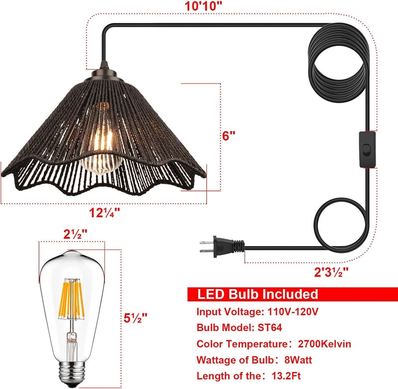 tebio Rattan Plug in Pendant Light Set of 2 (Bulbs Included), 12"x6" Boho Hanging Lights with 13FT Black Hemp Plug-in Cord, On/Off Switch for Living Room, Bedroom, Kitchen - Image 2